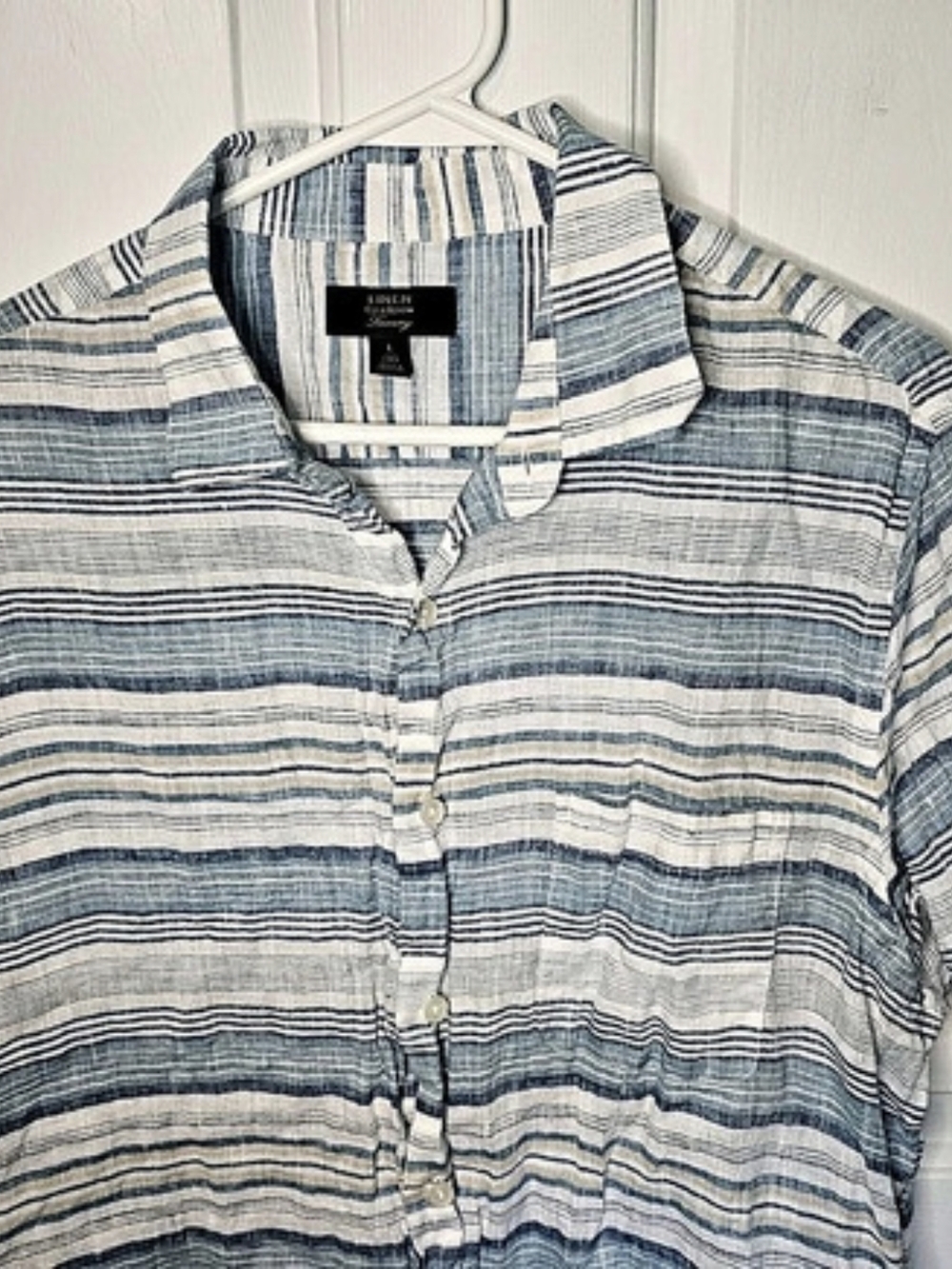 Club Room Blue/White Striped Linen Shirt Short Sleeve Men's L